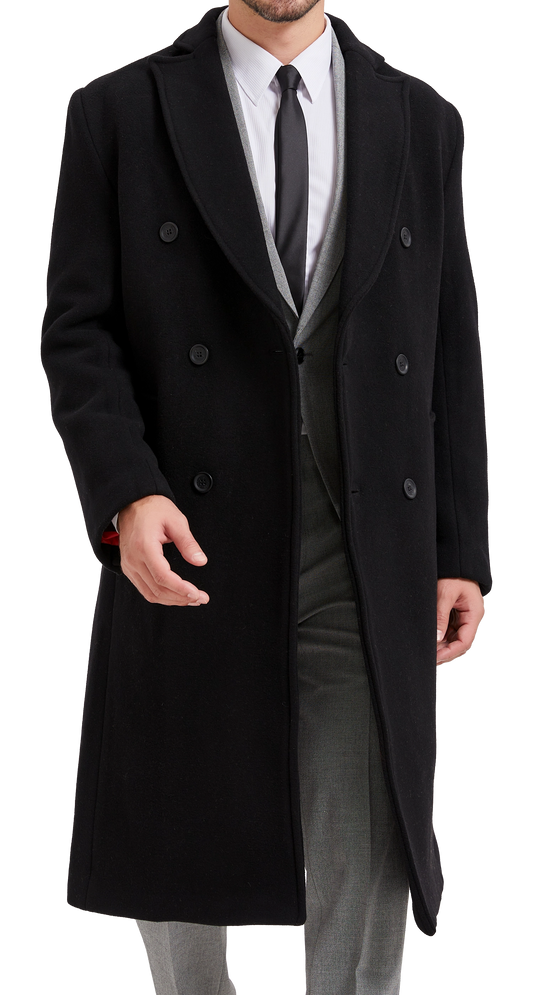 Black Double Breasted Wool Cashmere Long Overcoat Red Lining