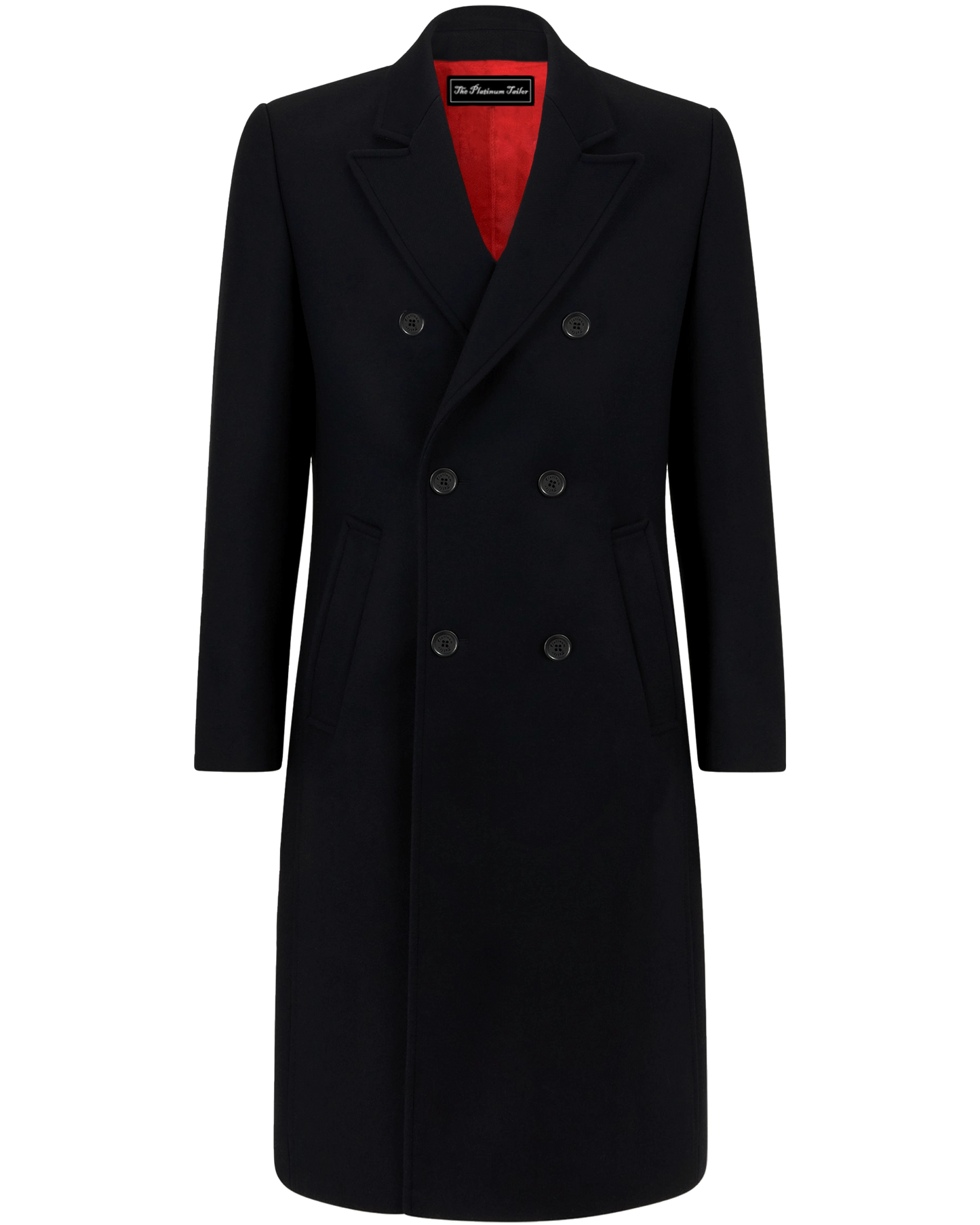 Black Double Breasted Wool Cashmere Long Overcoat Red Lining