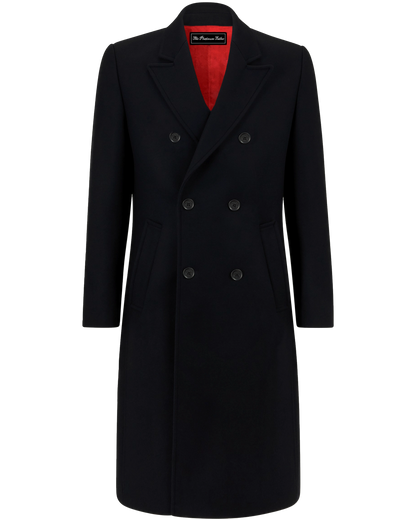 Black Double Breasted Wool Cashmere Long Overcoat Red Lining