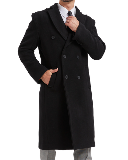 Black Double Breasted Wool Cashmere Long Overcoat Red Lining