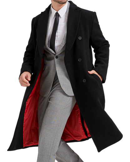 Black Double Breasted Wool Cashmere Long Overcoat Red Lining