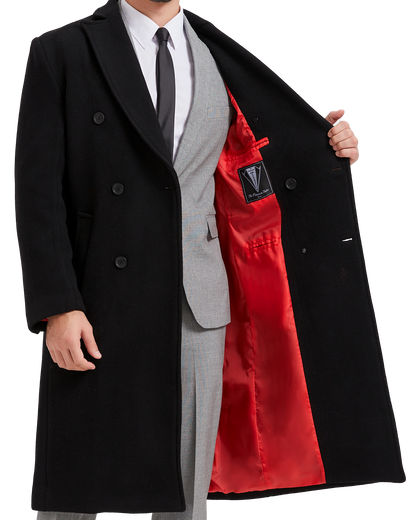 Black Double Breasted Wool Cashmere Long Overcoat Red Lining