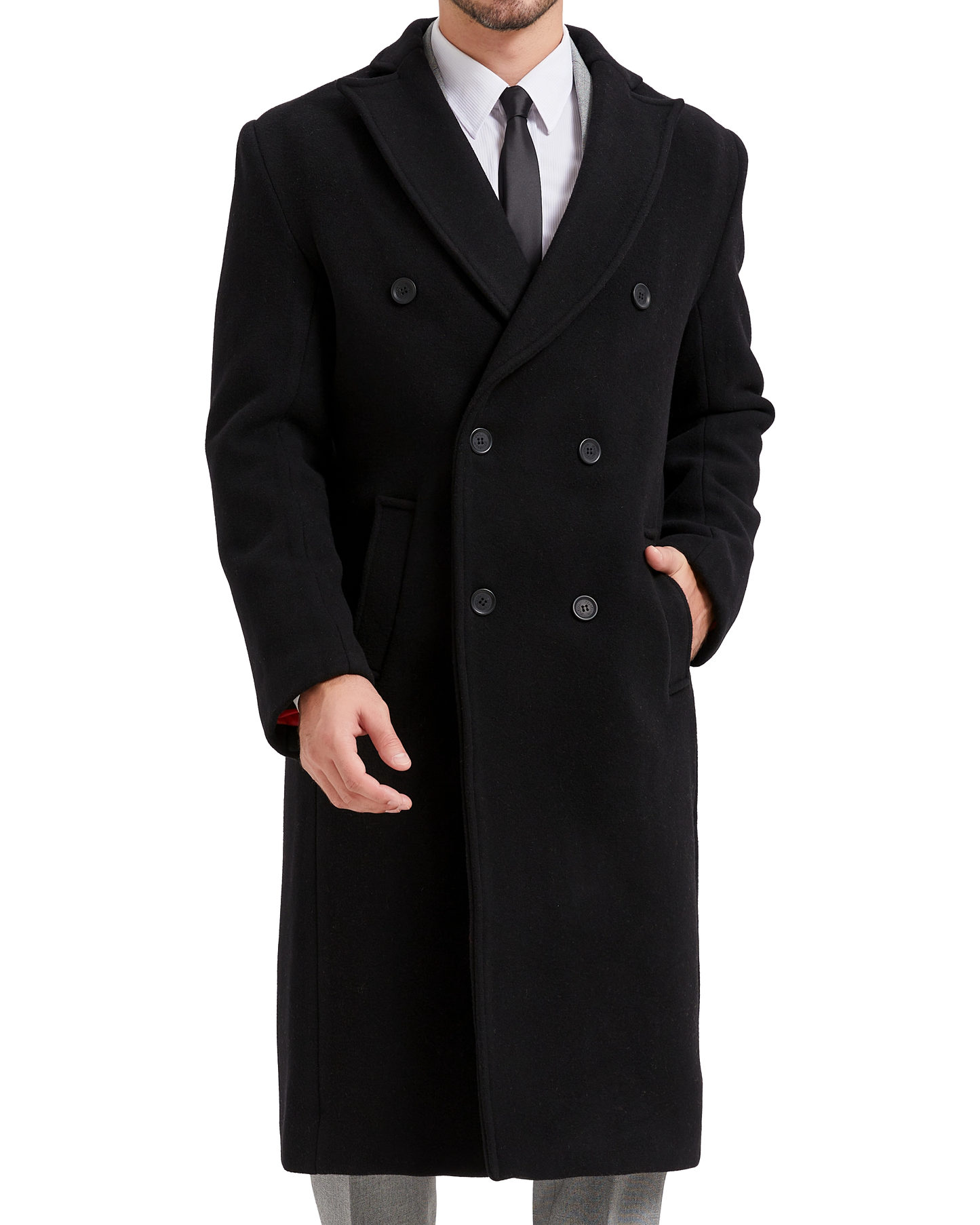 Men's Black Double Breasted Wool Cashmere Long Overcoat Red Lining ...