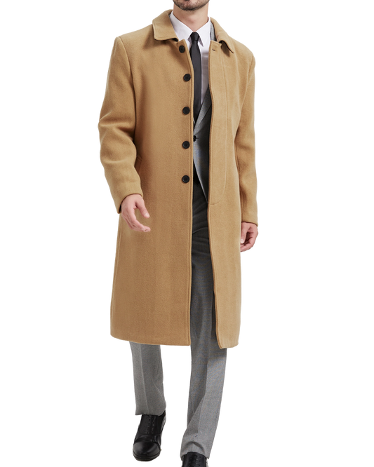 Camel Long Wool Cashmere Overcoat Hidden Buttons