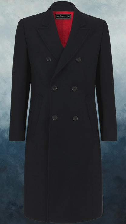 Black Double Breasted Wool Cashmere Long Overcoat Red Lining